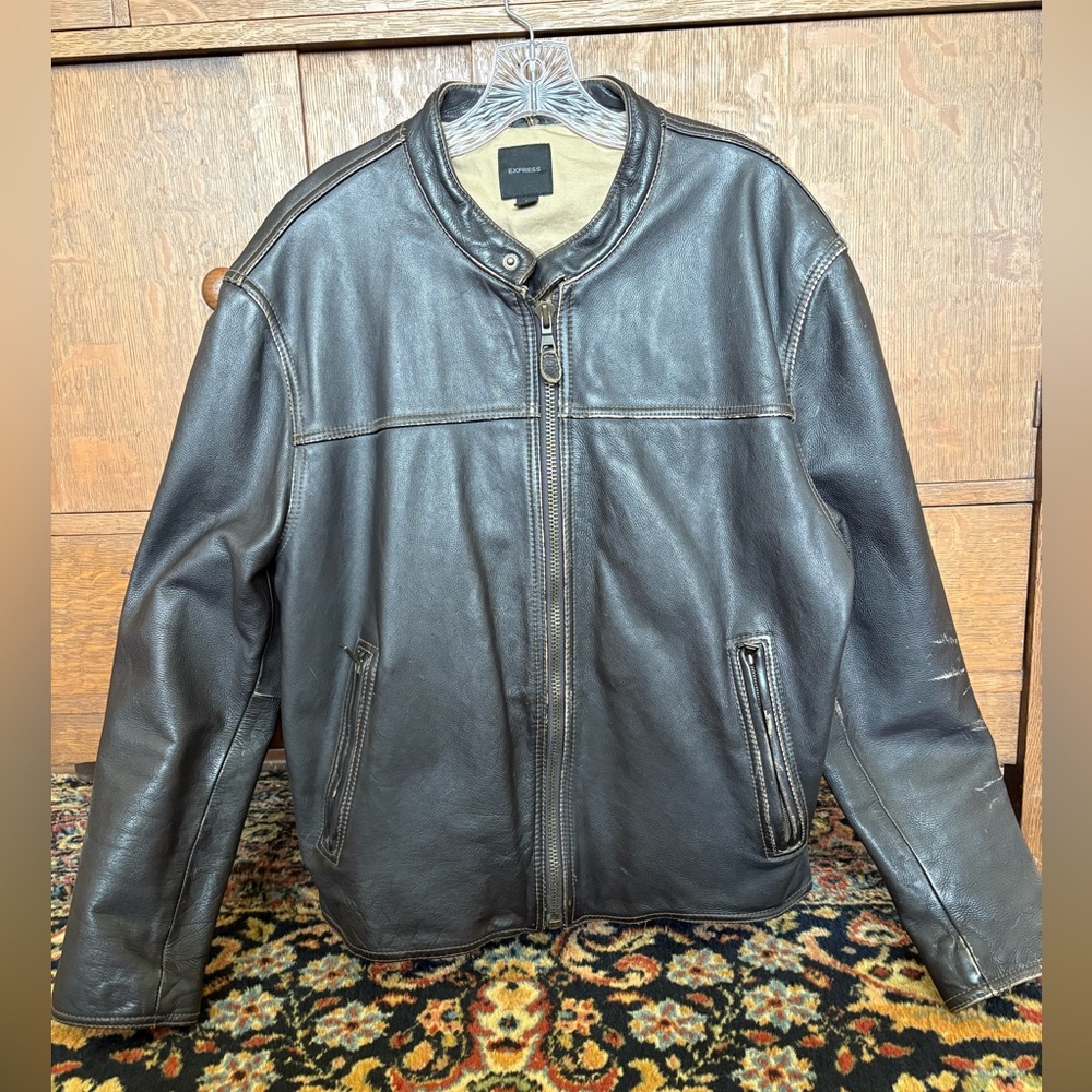 Vintage Brown Bomber Motto Leather Jacket Express Large Distressed Finish 90s. - Picture 11 of 16